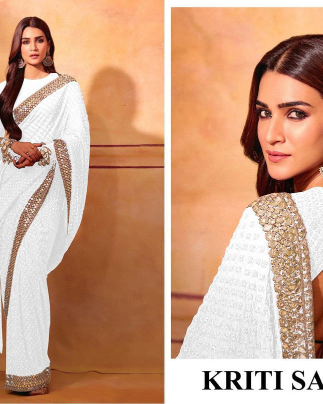 PURE BLOOMING GEORGETTE JARI EMBROIDERY SAREE WITH HEAVY DIAMOND AND MIRROR WORK