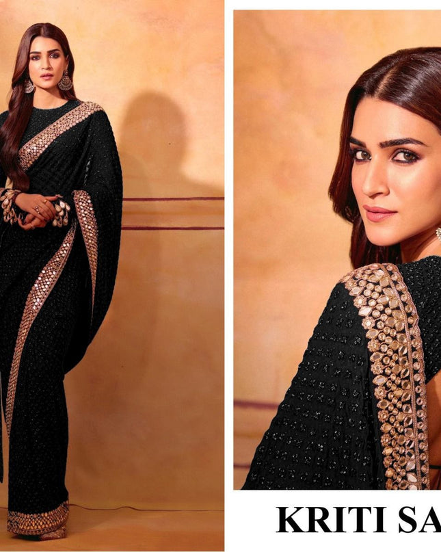 PURE BLOOMING GEORGETTE JARI EMBROIDERY SAREE WITH HEAVY DIAMOND AND MIRROR WORK