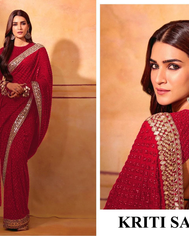 PURE BLOOMING GEORGETTE JARI EMBROIDERY SAREE WITH HEAVY DIAMOND AND MIRROR WORK