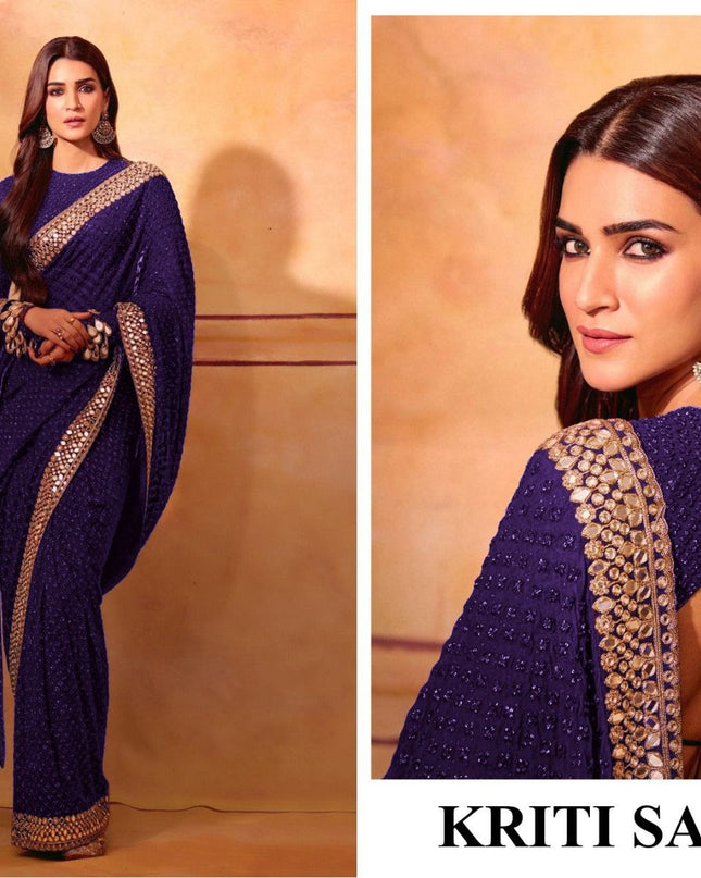 PURE BLOOMING GEORGETTE JARI EMBROIDERY SAREE WITH HEAVY DIAMOND AND MIRROR WORK