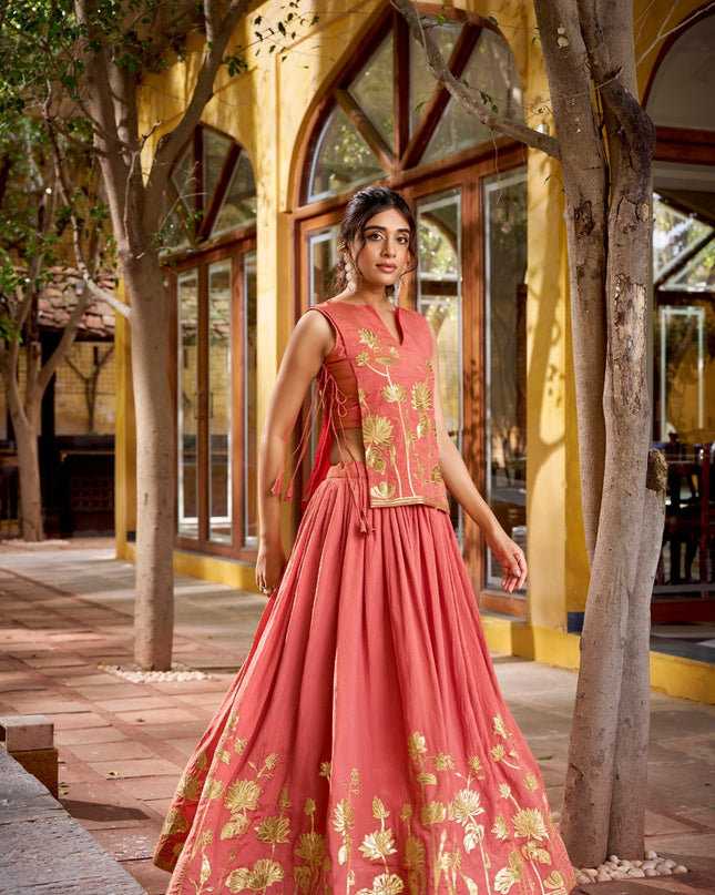 Pure Shimmer Embroidered Lehenga Set with Overlay Top