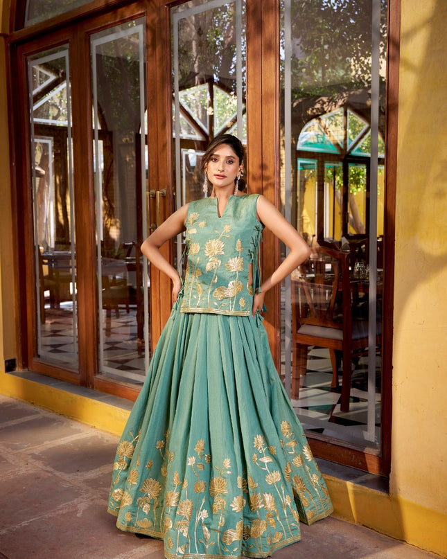 Pure Shimmer Embroidered Lehenga Set with Overlay Top