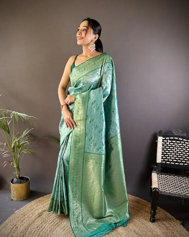 Affordable Luxury Soft Silk Saree with Ikkat Zari Weaving, Minakari Work and Contrast Border
