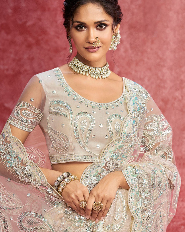 Designer Off White Net Saree for Wedding Reception Party Wear with Embroidery