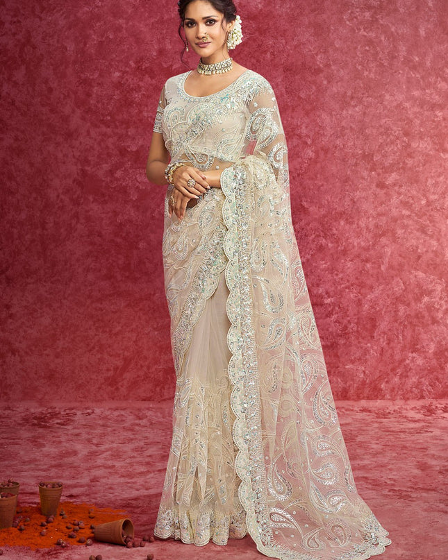 Designer Off White Net Saree for Wedding Reception Party Wear with Embroidery