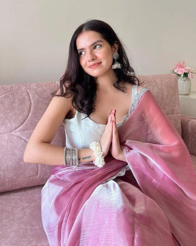 Jimmy Choo Saree with Premium Silver Lace Border & Sequins Embroidered Blouse Piece