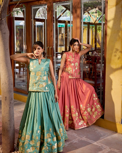 Pure Shimmer Embroidered Lehenga Set with Overlay Top