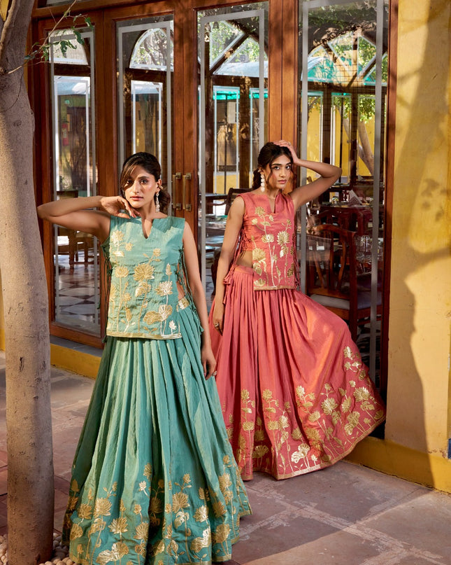 Pure Shimmer Embroidered Lehenga Set with Overlay Top