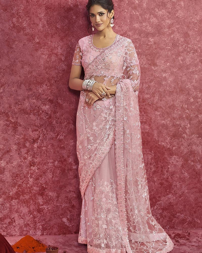 Designer Pink Net Saree with Fine Zari and Sequin Work
